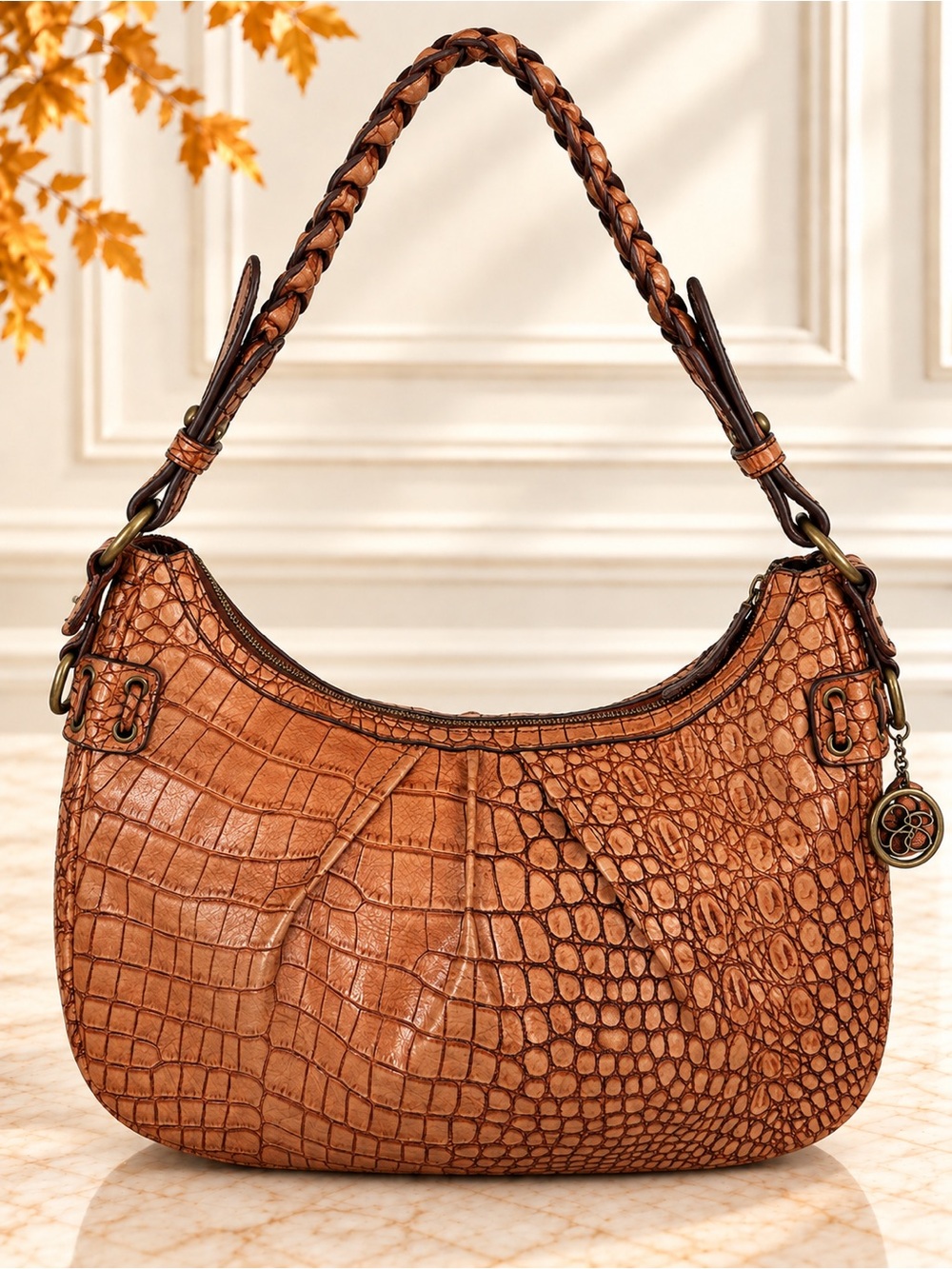 Jessica Simpson Y2K Style Cognac Faux Croc Hobo Shoulder Bag Braided Strap